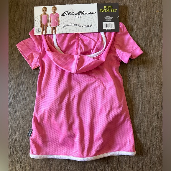 Eddie Bauer Kids One-Piece Pink/White/Floral Swimsuit Plus Cover Up Nwt - Picture 2 of 7